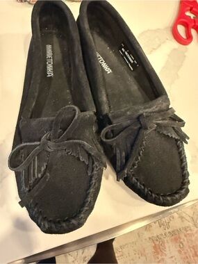 Minnetonka Black Suede Moccasin with Bow Detail